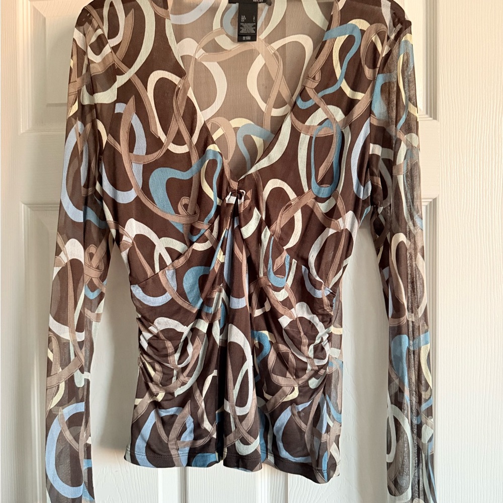 Kenneth Cole Brown and Blue Swirl Long Sleeve Top